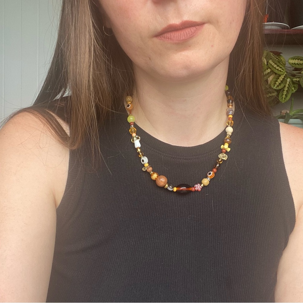 Be Like Honey Mixed Bead Necklace Amber Brown Evil Eye Glass Beads Orange Flower